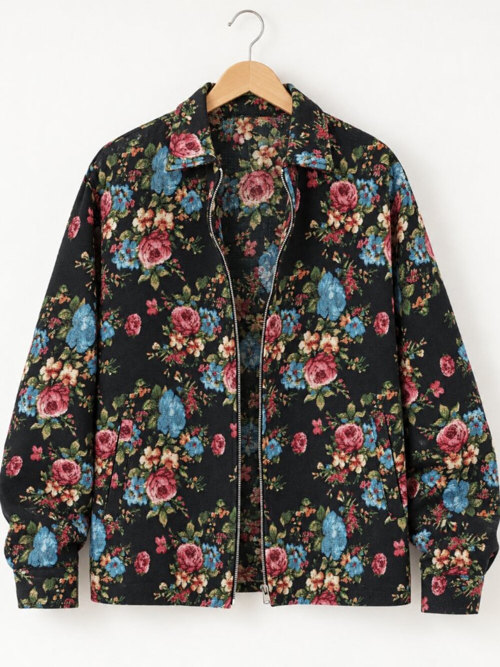 Men's XL Black Floral Rose Print Zip-Up Jacket Tapestry Style NWOT
